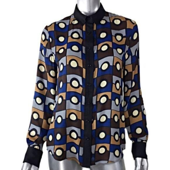 Anne Klein Tops - Anne Klein Geometric Print Blue Black Brown Blouse Size 8